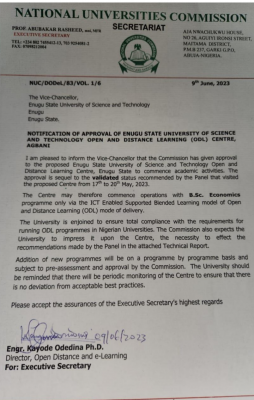 ESUT gets approval for ODL center in Enugu state