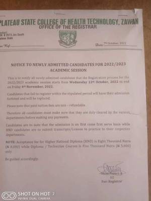 Plateau State College of Health notice to newly admitted candidates, 2022/2023