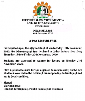 FEDPOLY Offa declares 2-day lecture free, announces resumption date-for-lectures