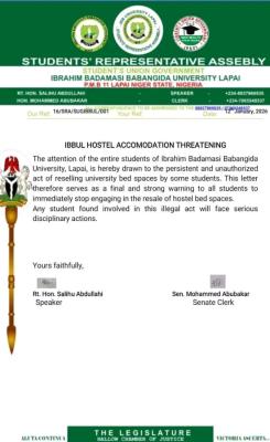 IBBUL SUG warns students against resale of hostel spaces