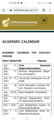 Clifford University academic calendar for 2020/2021 session