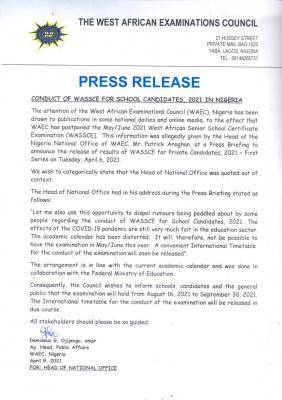 WAEC press release on the conduct of 2021 WASSCE