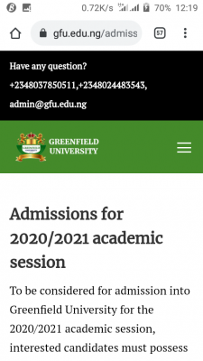 Greenfield University Post-UTME 2020: Cut-off mark, eligibility and Registration details