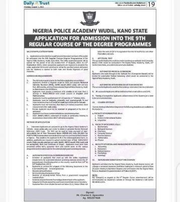 Nigeria Police Academy 9th Regular Course admission announced