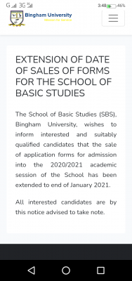 Bingham University extends Basic School sales of admission form, 2020/2021