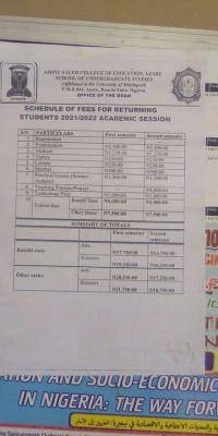Animu Saleh COE school fees schedule for returning students ,2021/2022