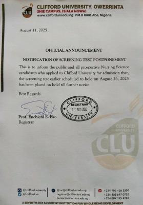 Clifford University postpones Nursing Candidates screening test until further notice