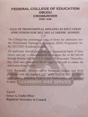 FCE Obudu PDE Program Admission Form 2022/2023