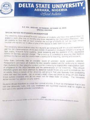 DELSU special notice to students on resumption