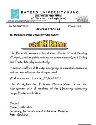 BUK staff on emergency duties to remain on duty during Easter Break