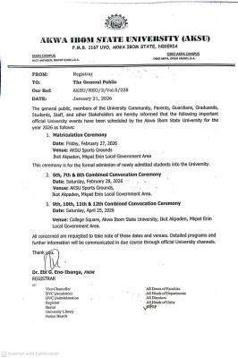 AKSU announces matriculation and 6th - 12th combined convocation ceremonies