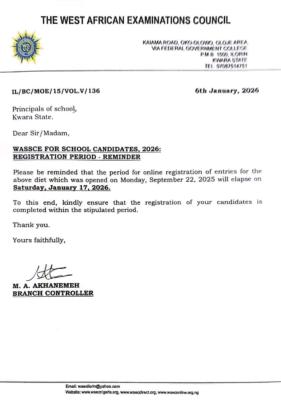 WASSCE 2026 registration for school students closes January 17