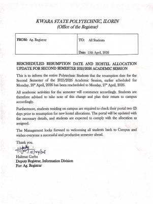 KWARAPOLY notice on new resumption date and hostel allocation for 2nd semester, 2025/2026