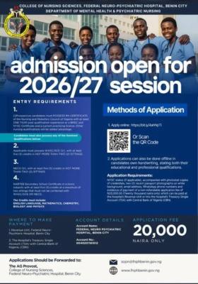 College of Nursing Sciences, Federal Neuro-Psychiatric Hospital, Benin admission, 2026/27