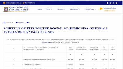 Ajayi Crowther University school fees schedule for 2019/2020 session