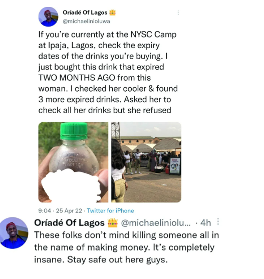 Man raises alarm over the sale of expired drinks at an NYSC camp