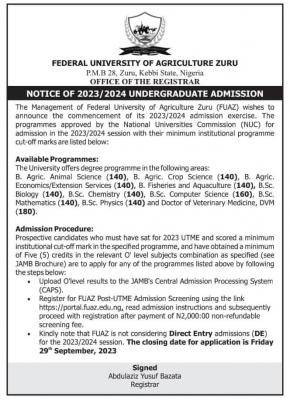 Federal University of Agric. Zuru Post-UTME 2023: cut-off mark, eligibility & registration details