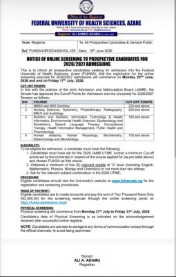 FUHSA Post-UTME/DE 2026: Cut-off mark, Eligibility and Registration Details