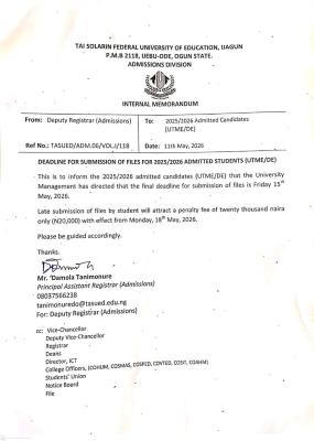 TASFUED notice to 2025/2026 admitted students on deadline for submission of files