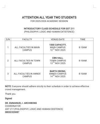 UNIUYO announces introductory class schedule for GST 211, 2025/2026