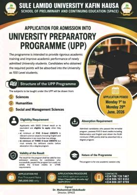 SLUK releases University Preparatory Programme Admission form, 2026/2027