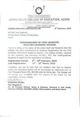 Aminu Saleh COE Notice on Commencement of first semester, 2022/2023