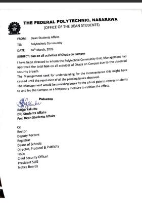 Fed Poly, Nasarawa implements total ban on Okada activities within the campus