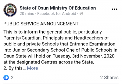 Osun State Ministry of Education announces date for JSSCE