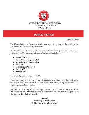 Council of Legal Education announces 2025 December Bar Final examinations results