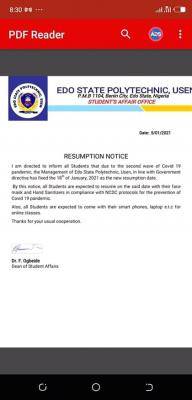 Edo State Polytechnic notice on resumption