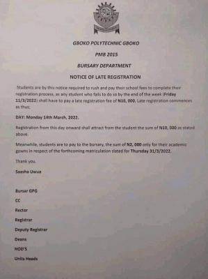 Gboko Polytechnic notice on late registration