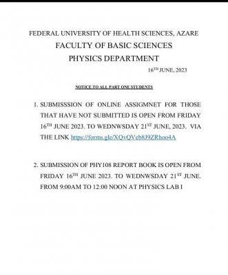 FUHSI Physics department notice to part-one students