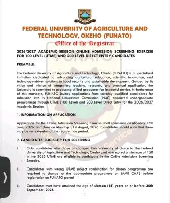 FUNATO Post-UTME/DE 2026: Cut-off mark, Eligibility and Registration Details