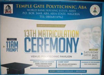 Temple Gate Polytechnic announces 13th Matriculation Ceremony