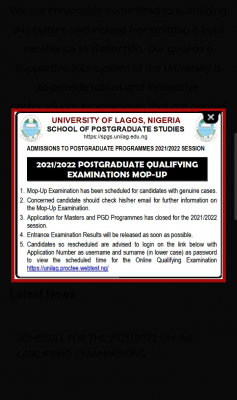 UNILAG postgraduate mop-up exam for 2021/2022 session