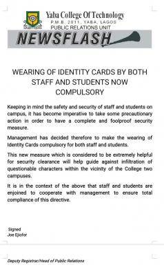 YABATECH notice to staff and students on the compulsory use of ID cards