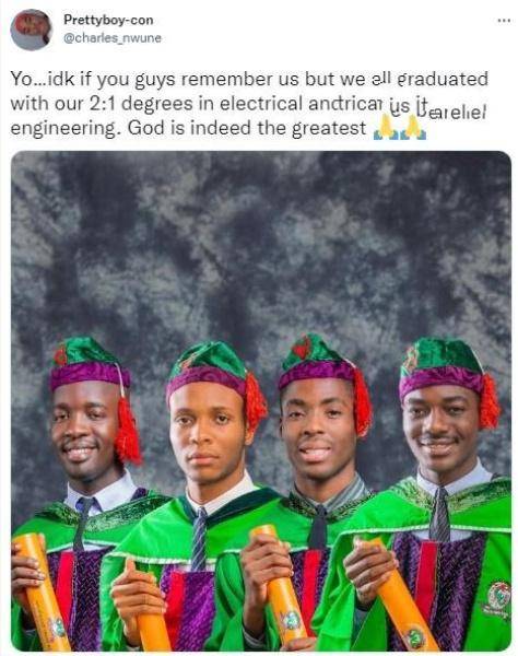 Four students who were reading partners in school, celebrate as they graduate from the university