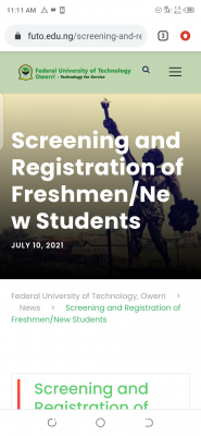 FUTO notice on screening and registration of freshmen/new students, 2020/2021