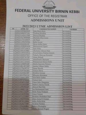 FUBK UTME/DE admission lists, 2022/2023 available on school's notice board