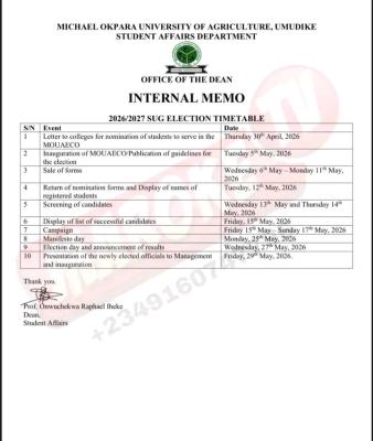 MOUAU releases SUG election timetable, 2026/2027