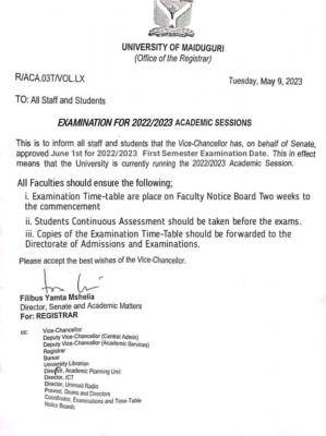 UNIMAID notice on commencement of 1st semester exam, 2022/2023 session
