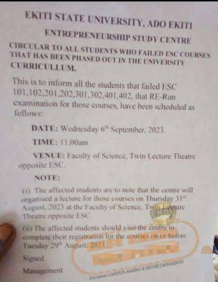 EKSU notice to students who failed ESC courses