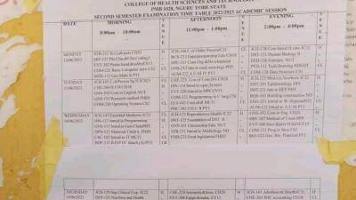 College of Health Science and Tech. Nguru 2nd Semester exam timetable, 2022/2023
