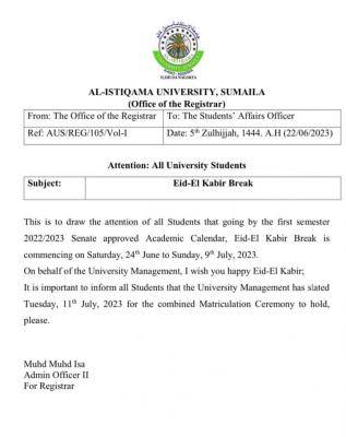 Al-istiqamah University notice on Sallah Break