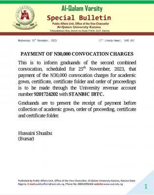 Al-Qalam University, Katsina notice on payment of convocation charges