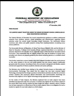 FG clarifies subject selection under new Senior Secondary curriculum