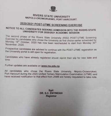 RSUST Post-UTME Notice for 2020/2021 Academic Session