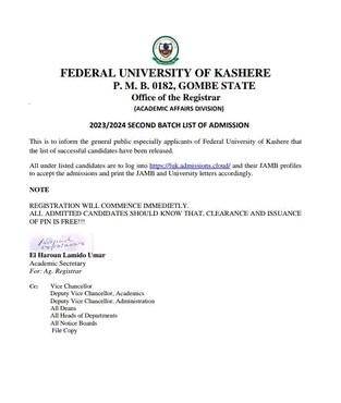FUKASHERE releases 2nd batch of admission list, 2023/2024