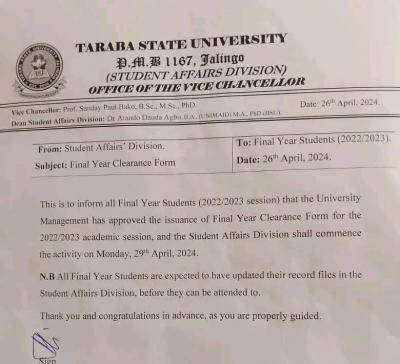 TASU notice to final year students on issuance of final year clearance, 2022/2023