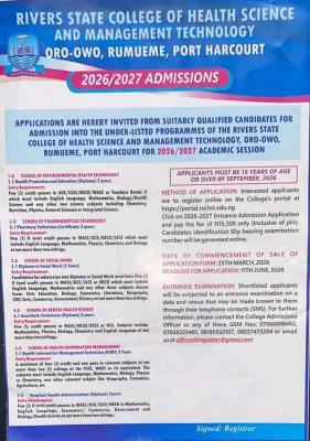 Rivers State College of Health Science and Management Technology, 2026/2027 Admissions